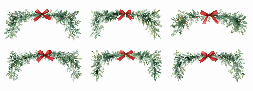 Watercolor set of vintage Christmas frames. Christmas divider made of green fir tree branches decorated with holly and red bow. Retro frames for Christmas designs, greetings, texts, etc. 