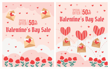two Valentine's Day Sale Banner (Vertical). Heart Balloons with Love Letters, Special Offer