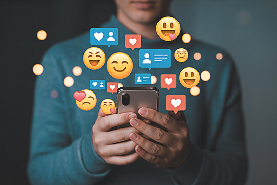 Social media marketing strategy using mobile phone with emoji reactions and engagement for business growth