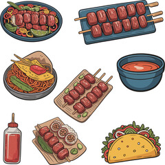 A set of sausages, hot dogs, and a hot dogs vector illustration of meat food on a white isolated background for a delicious meal or fast snack