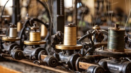 Fototapeta premium A row of old fashioned sewing machines with different colored threads