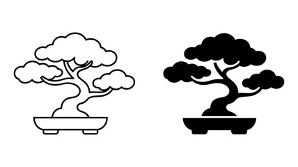 Vector art of bonsai tree in pot vector icon set, outline and glyph style, japanese miniature tree in a container
