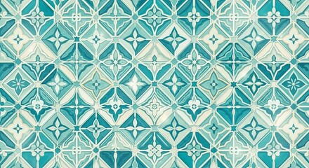 Fototapeta premium Intricate turquoise tile pattern with geometric and floral designs, creating a vintage look