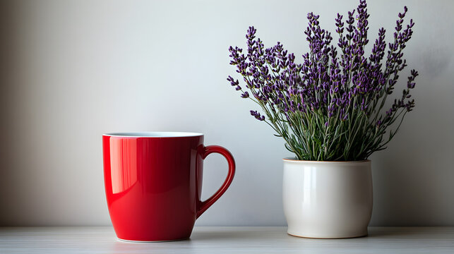 A vibrant red ceramic mug sits on a textured surface next to a vase filled with fresh purple lavender flowers