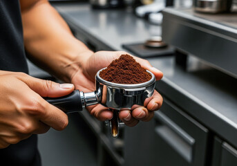 Barista Holding Full Portafilter of Fresh Ground Espresso Coffee