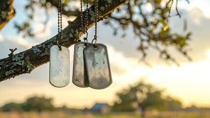 Silver military dog tags hanging from a tree branch, backlit by the setting sun. - Powered by Adobe