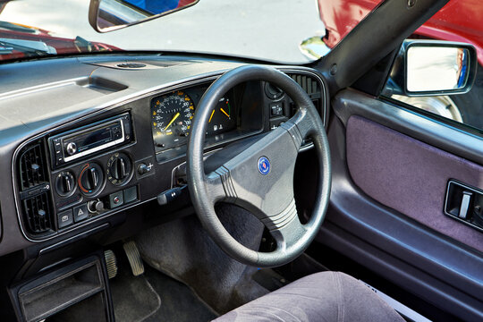 Varna, Bulgaria, September 13, 2025; Steering wheel retro car SAAB 900 Turbo