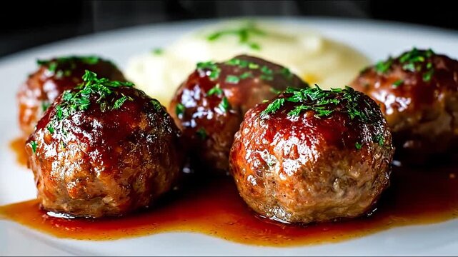 Delicious meatballs with sauce and mashed potatoes on a white plate