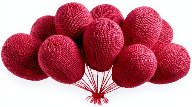 Knitted red balloons arranged in a playful cluster, showcasing unique texture and craftsmanship, ideal for festive celebrations, creative projects, or whimsical decorations with a vibrant touch
