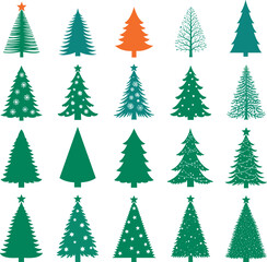 Christmas tree icon set, festive holiday collection, colorful tree designs, seasonal vector pack, decorative evergreen graphics, stylized ornament trees, winter celebration art, stock illustration