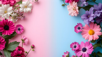 Fototapeta premium Vibrant spring flowers bordering a soft gradient background with copy space for text and design