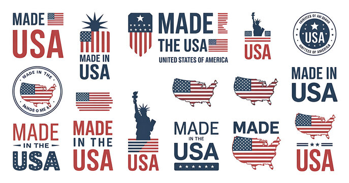 Made in USA badges. Patriot proud label stamp, American flag and national symbols, United States of America patriotic emblems vector set. US product stickers, national independence day 4th july badges