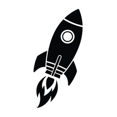 Black rocket ship with fins and exhaust flames spaceship