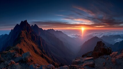 Naklejka premium Heavenly morning light shining over misty mountain horizon.
