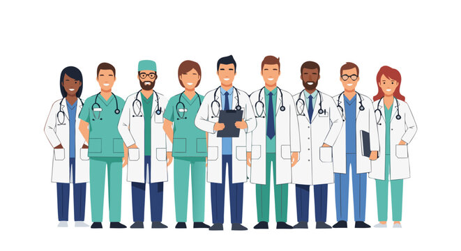 A diverse group of healthcare professionals, including doctors and nurses, standing together, showcasing teamwork and medical expertise in a modern clinic setting