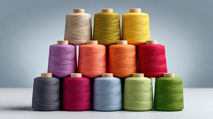 Colorful spools of thread arranged in a pyramid formation, showcasing a vibrant spectrum of hues, including yellow, pink, green, and blue, ideal for sewing and crafting projects with creative potentia
