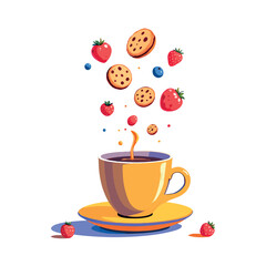 Vsai coffee cup with cookies and strawberries floating above