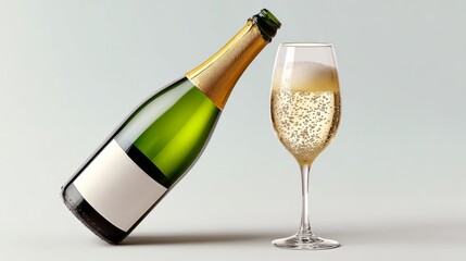 Champagne bottle tilted beside a sparkling glass filled with bubbly beverage, showcasing effervescence and celebration, perfect for festive occasions and special events with elegant ambiance