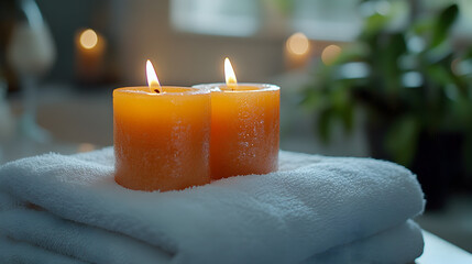 Two warm glowing orange pillar candles resting on soft white fluffy towels creating a serene spa atmosphere with bokeh lights in the background