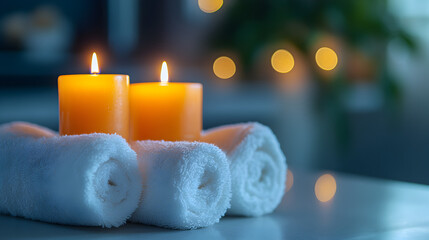 Tranquil spa scene with two lit orange candles and rolled white towels creating a serene and relaxing atmosphere with soft bokeh lights