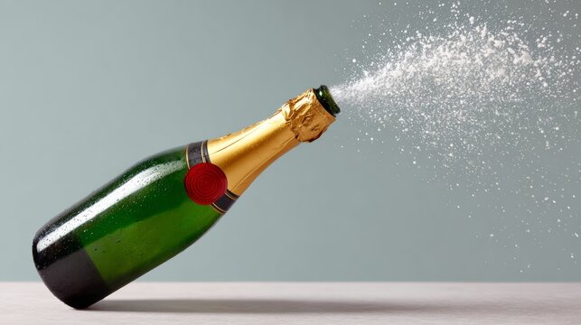 Champagne bottle with golden foil and red seal, tilted at an angle, spraying sparkling liquid in a celebratory manner, creating a festive atmosphere with dynamic motion and excitement