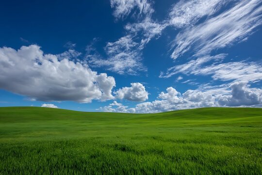 Vast green rolling hills under a dramatic blue sky with white clouds