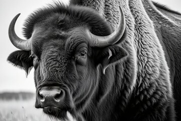 Naklejka premium Majestätischer Bison in der Wildnis – Nahaufnahme eines kräftigen Tieres auf einer weiten Ebene