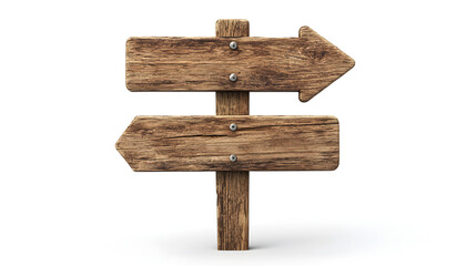 Rustic wooden signpost with two weathered directional arrows pointing left and right against a clean white background