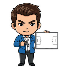 Vector art of cartoon soccer coach pointing at a tactics board