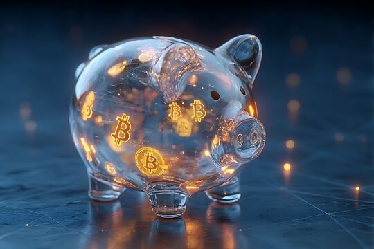 Transparent piggy bank filled with glowing digital coins and data