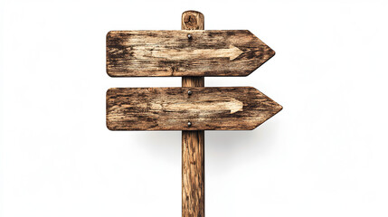 Rustic wooden directional signpost with two weathered arrow signs pointing in opposite directions on a white background