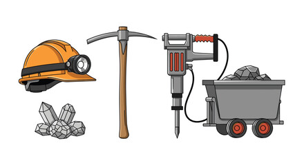 Mining equipment illustration featuring helmet pickaxe jackhammer and cart.
