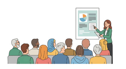 A woman presents a disaster preparedness plan to a diverse group of people in a meeting with a presentation on a screen displaying a tsunami warning