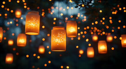 Warm glowing paper lanterns and fairy lights illuminate a magical outdoor evening scene creating a festive and enchanting atmosphere