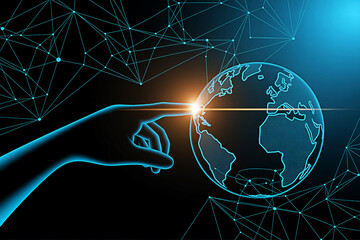 Global network connection technology concept with hand touching the world digital interface design