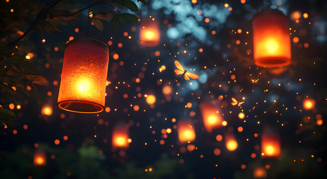 Thousands of glowing orange paper lanterns float upwards into the dark night sky creating a magical and festive atmosphere