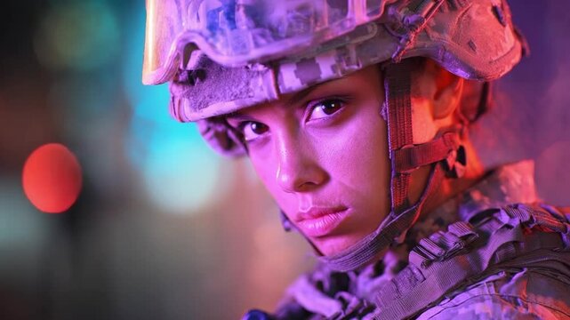 Soldier in combat gear and helmet, illuminated by blue and red neon lights.