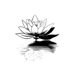 A black and white illustration of a lotus flower reflected in water with a white background isolated