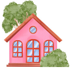 Naklejka premium Watercolor Illustration of a Pink House with trees