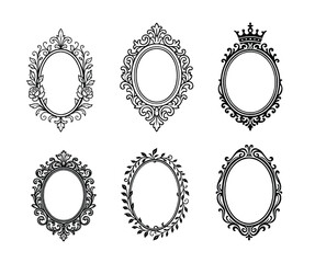 Elegant Oval Ornate Frames Vector Set: Royal Crown, Vintage Floral Roses, Intricate Scrollwork, and Classic Leafy Borders for Wedding Invitations, Monograms, Labels