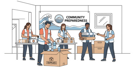 Diverse group of people preparing disaster relief supplies in a community center with a tsunami warning sign.