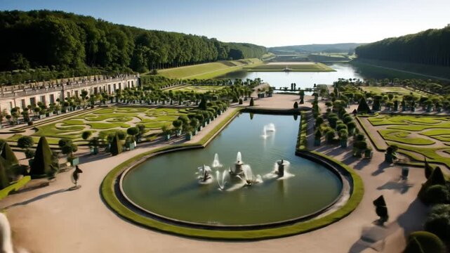 Aerial view formal garden with ponds topiary and decorative fountains on a sunny day