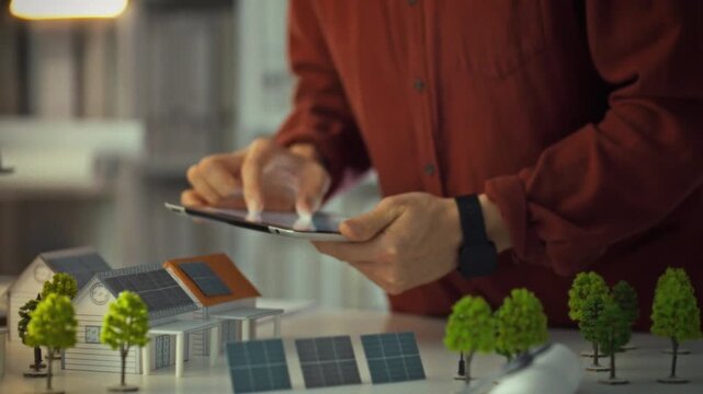 A male engineer is using a tablet to work on a solar project. He is surrounded by mini 3D models of solar panels and houses, focusing on design and planning in a modern workspace