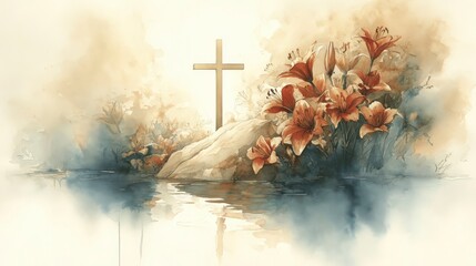 Sacred watercolor landscape with cross, lilies, and gentle sunrise.