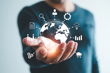 Global business technology solutions hand holding world data analytics and communication network concept