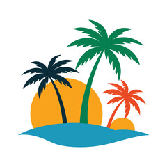 Tropical Beach Sunset with Colorful Palm Trees and Ocean Waves Scenic Vector illustration.