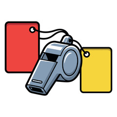 Vector art of sports referee whistle with red and yellow cards