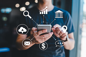 Mobile banking app online payment digital marketing strategy business technology concept today 100