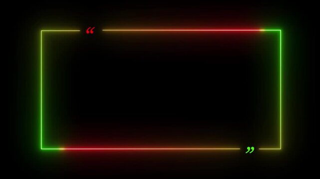 red and green color modern rectangular quote frame with animated glowing neon double commas 4k.