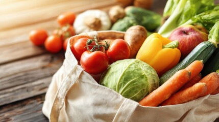 A vibrant assortment of fresh vegetables displayed in a natural fabric bag, showcasing a healthy lifestyle.